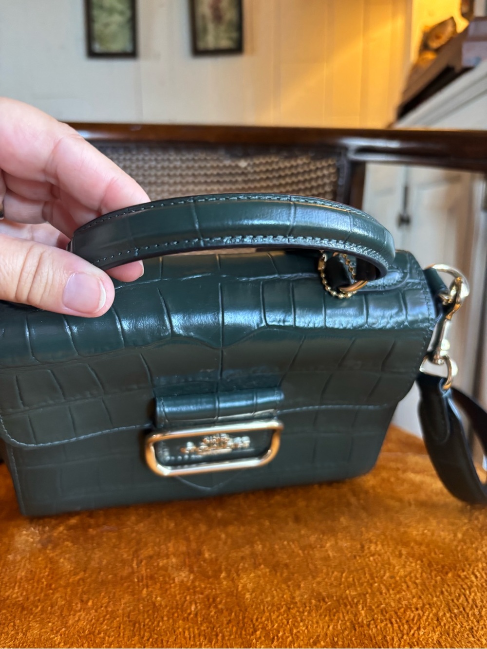 Coach Morgan Top Handle Satchel Croc Embossed Leather Green Crossbody Bag - Picture 6 of 16